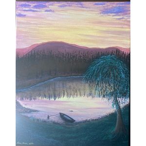 Weeping Willow By The Lake Acrylic Painting on 16x20 stretched canvas